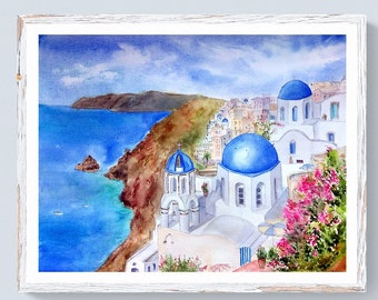 Santorini wall art prints digital download Greece wall art Greece watercolor print downloadable art Santorini cityscape Mediterranean art