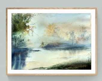 Misty river landscape print Digital download Light academia wall art digital print Misty landscape watercolor painting digital art