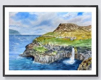 Faroe islands landscape print digital download Faroes travel poster Mountain wall art Faroes printable wall art Waterfall art print