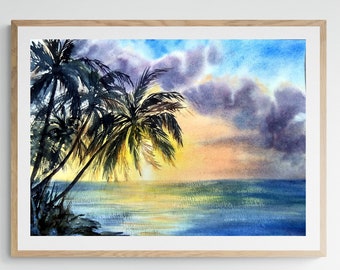 Tropical wall art prints Digital download Ocean art digital print Palm tree wall art Beach watercolor print Sunset print downloadable art