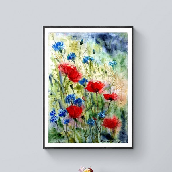 Floral wall art digital download Poppies printable art Cornflowers Flowers wall art digital print Wild flowers print Abstract wild grass art