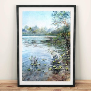 River landscape wall art prints digital download River wall art digital print Summer river watercolor print downloadable River landscape art