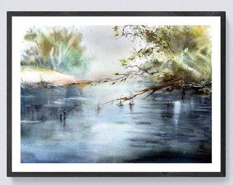 Calm river landscape print digital download Nature printable art Tranquil landscape wall art prints Misty river wall art digital art print