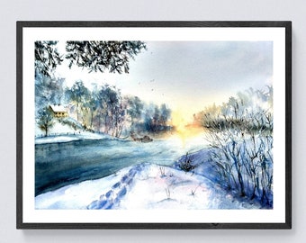 Winter wall art print digital download Winter landscape printable wall art Winter watercolor print downloadable art Winter painting print