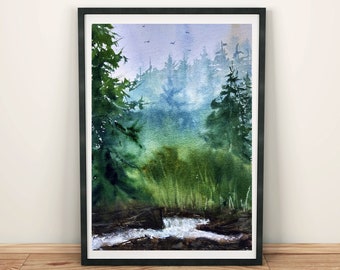 PNW wall art Misty forest wall art prints digital download Foggy woodland wall art Forest watercolor print Dark cottagecore print