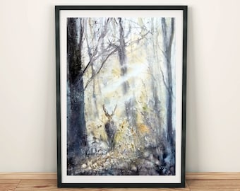 Misty forest print Deer painting digital download Light academia printable art Foggy forest landscape art Cottagecore wall art