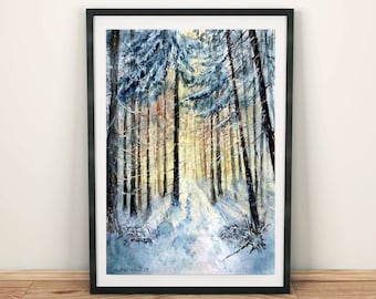 Winter forest wall art prints digital download Wood print Winter forest landscape print downloadable art  Sunset landscape art wall art