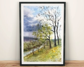 Trees landscape wall art prints digital download Spring landscape printable wall art Nature watercolor print downloadable art