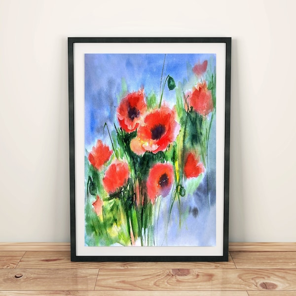 Poppy print digital download prints Floral wall art Loose watercolor flowers digital print Poppy flowers art Flower wall art prints