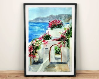 Santorini wall art prints digital download Greece painting digital print Mediterranean wall art Santorini printable art Greece watercolor
