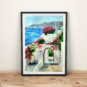 Santorini wall art prints digital download Greece painting digital print Mediterranean wall art Santorini printable art Greece watercolor