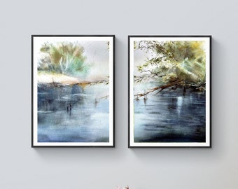 2er Set Drucke Fluss Wand Kunst Drucke digitaler Download Fluss Aquarell Druck Ruhige Wandkunst Fluss Digitaldruck Flusslandschaft Druck