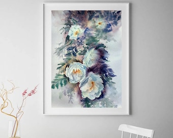 Loose style roses printable White roses print Boho wall art Printable roses wall art Abstract roses painting Botanical poster Modern flowers