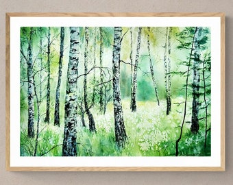 Birch print Digital download Birch wall art Downloadable art Cottagecore wall art Birch grove watercolor print Spring forest landscape print