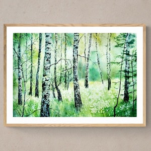 Birken-Druck Digitaler Download Birken-Wandkunst Herunterladbare Kunst Aquarell Landschaftsdruck Frühlingswaldlandschaft druckbare Kunst Birken-Plakat