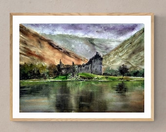 Impresión digital de las Tierras Altas de Escocia, descarga digital, póster con impresión del castillo de Kilchurn de Escocia, impresión digital de arte paisajístico de las Tierras Altas de Escocia