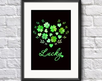 St patricks day digital print Shamrock print digital download Lucky wall art Clover printable art Four leaf clover St Patricks day print