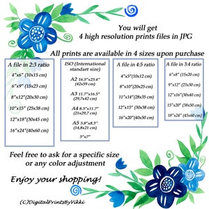 May include: A digital print featuring a watercolour floral design in blue and green hues. The image displays text detailing print sizes, including 10x15cm and 40x60cm options, and the availability of high-resolution JPG files.