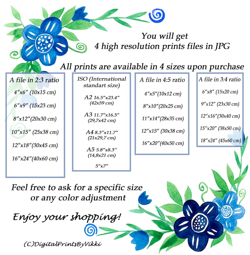 May include: A digital print featuring a watercolour floral design in blue and green hues. The image displays text detailing print sizes, including 10x15cm and 40x60cm options, and the availability of high-resolution JPG files.