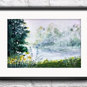May include: Watercolor painting of a lake scene with a forest in the background. The lake is a light blue color and the forest is a dark green color. There are yellow flowers in the foreground.