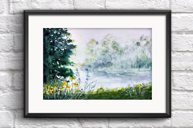 May include: Watercolor painting of a lake scene with a forest in the background. The lake is a light blue color and the forest is a dark green color. There are yellow flowers in the foreground.