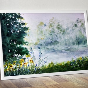 May include: Watercolor painting of a lake scene with a forest in the background. The lake is a light blue color and the forest is a dark green color. There are yellow and blue flowers in the foreground.