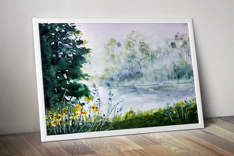 May include: Watercolor painting of a lake scene with a forest in the background. The lake is a light blue color and the forest is a dark green color. There are yellow and blue flowers in the foreground.