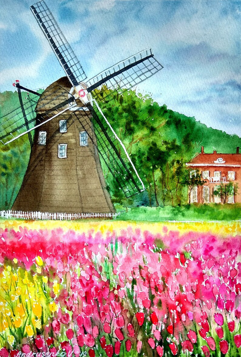 Dutch landscape print Digital Watercolor Windmill painting Etsy