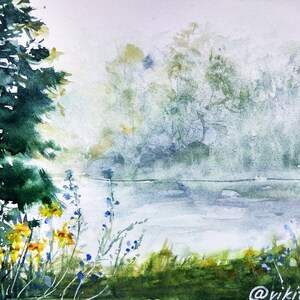 May include: Watercolor painting of a misty lake scene with a tall green pine tree on the left, a line of trees in the background, and a field of yellow and blue wildflowers in the foreground.