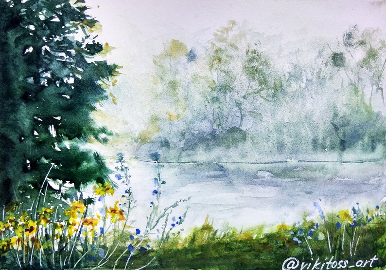 May include: Watercolor painting of a misty lake scene with a tall green pine tree on the left, a line of trees in the background, and a field of yellow and blue wildflowers in the foreground.