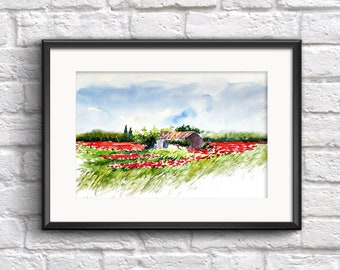 Poppy field wall art print downloadable art Tuscany landscape print digital download Italy fields printable Poppy field poster digital print