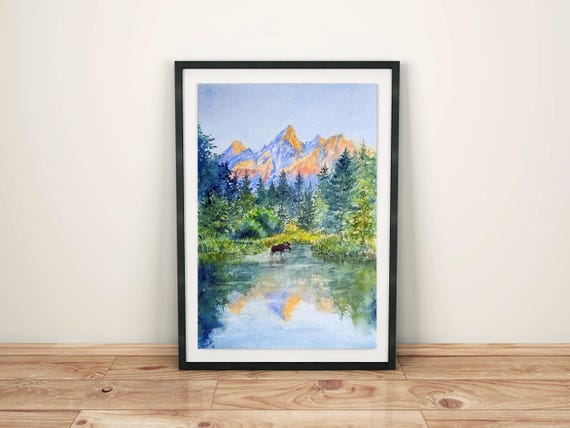 Grand Teton wall art print digital download Wyoming National Park print Wyoming landscape watercolor print Rocky Mountain digital art print