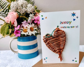 Anniversary card with willow heart & rainbow lettering, perfect for 9th wedding anniversary