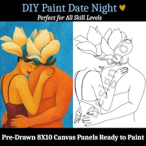 May include: DIY Paint Date Night canvas panels. The image shows a couple embracing, with one side in color and the other in a line drawing. The canvas panels are pre-drawn and measure 8x10 inches.
