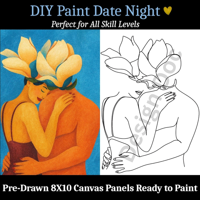 May include: DIY Paint Date Night canvas panels. The image shows a couple embracing, with one side in color and the other in a line drawing. The canvas panels are pre-drawn and measure 8x10 inches.