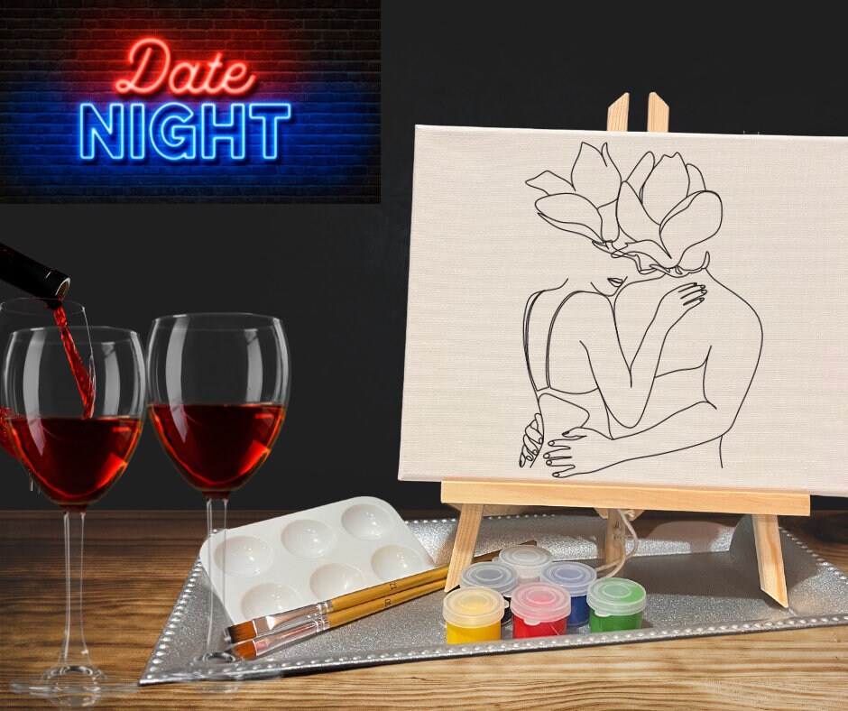 Couples Date Night Painting Kit for 2, Predrawn Canvas, Anniversary