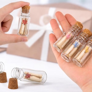May include: Small glass bottles with cork stoppers, each containing a rolled-up message. One bottle has a red heart, while others have colorful accents. The bottles are held in a hand, suggesting a gift or keepsake.