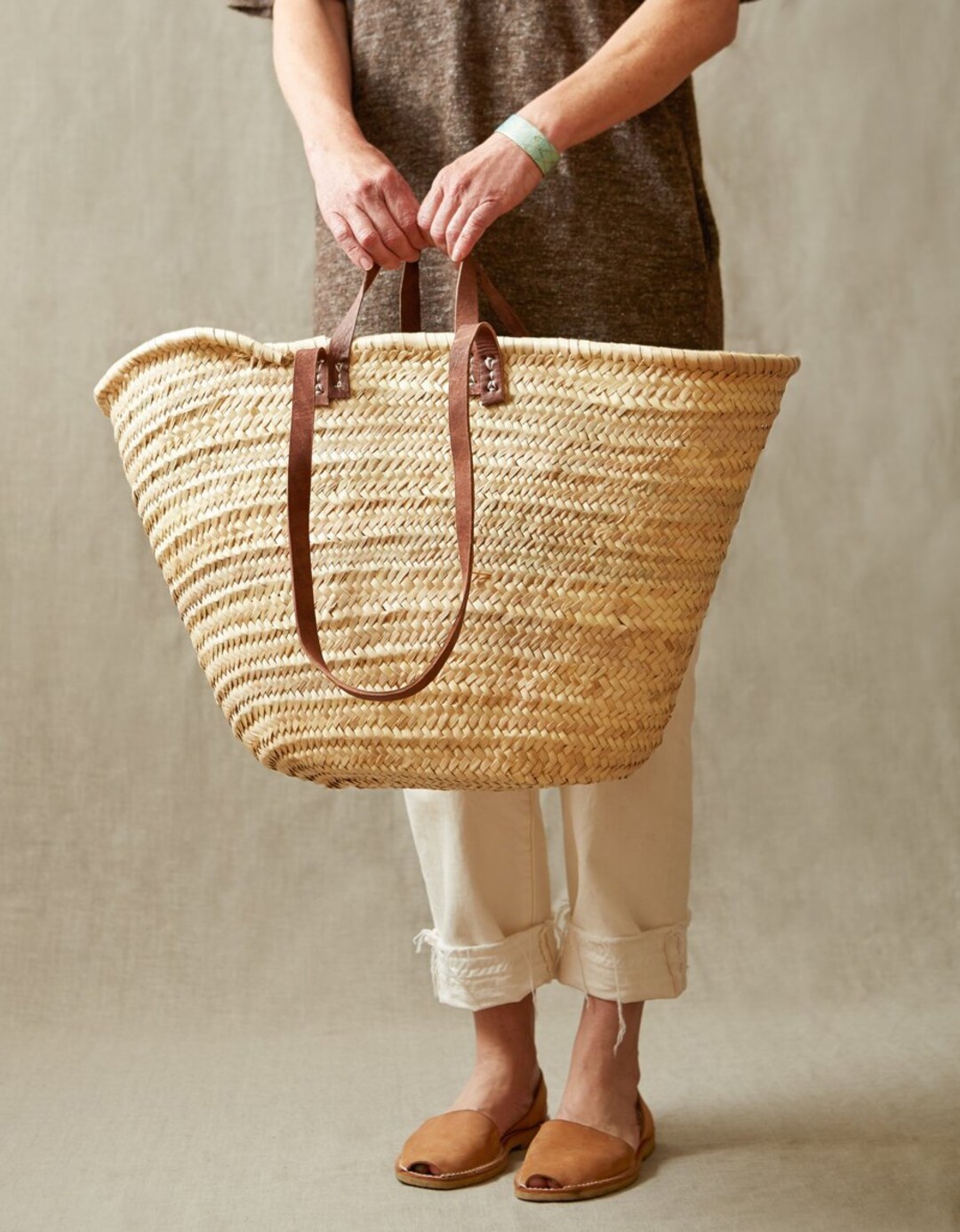 STRAW BAG Handmade With Leather, French Market Basket, French Market