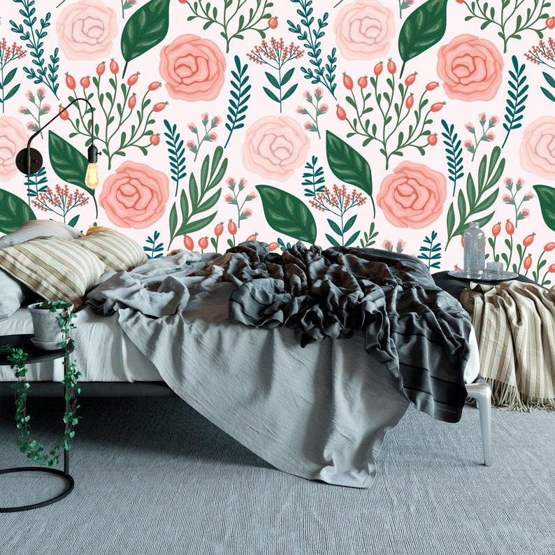 Removable Beautiful Pink Floral Peel and Stick Wallpaper Etsy