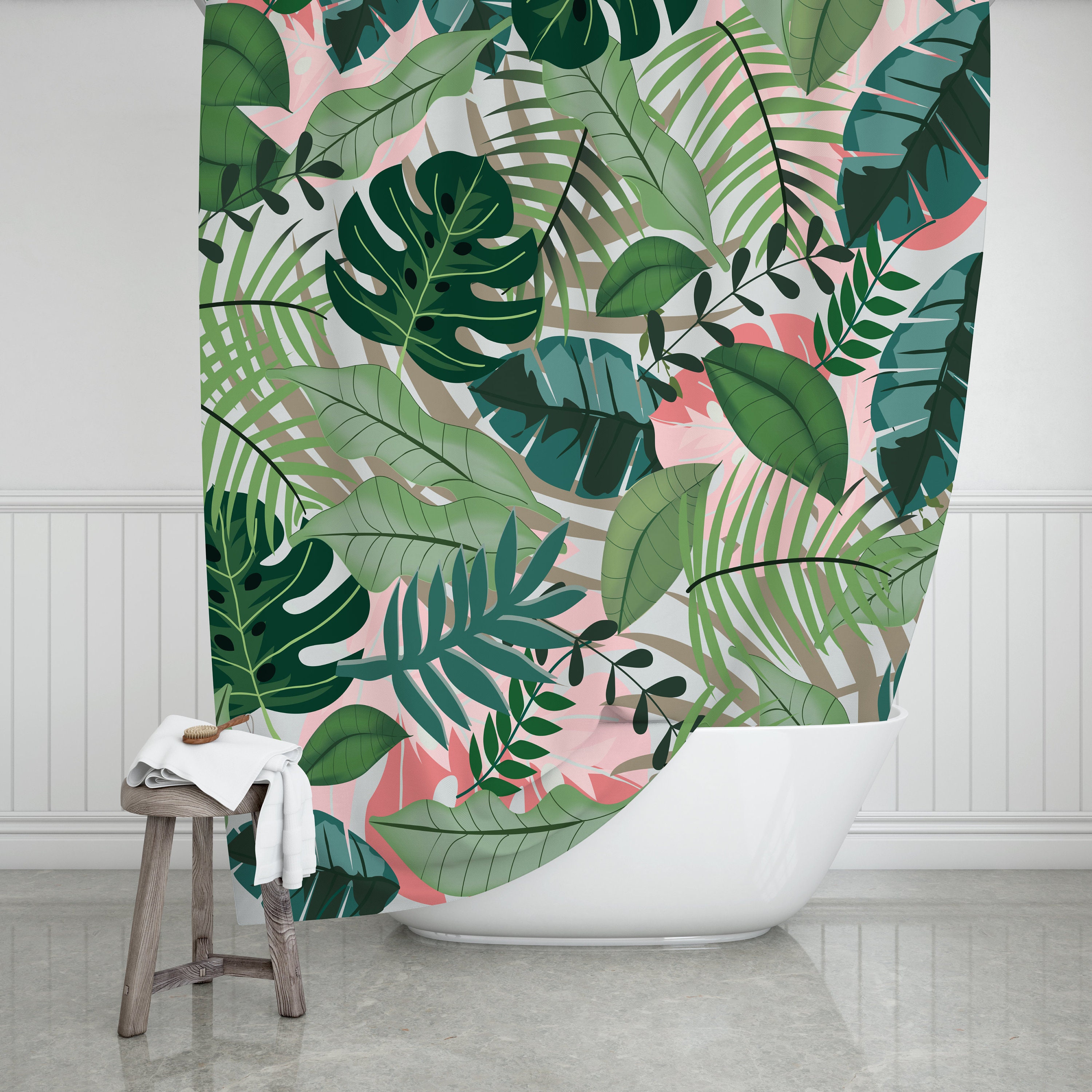 Pink and Green Tropical Shower Curtain // Bathroom // Tropical Etsy