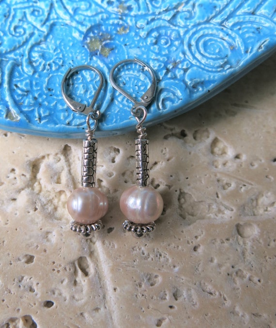 Pink pearl earrings Stainless steel lever backs Silver finish metal bead