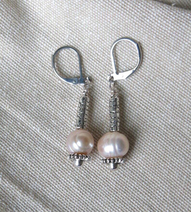 Pink pearl earrings Stainless steel lever backs Silver finish metal bead