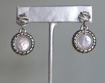 White Coin Pearl Earrings, Dangle Simple Pearls, Antiqued Silver Tones, Stainless Posts, Hypoallergenic, Best Friend Gift