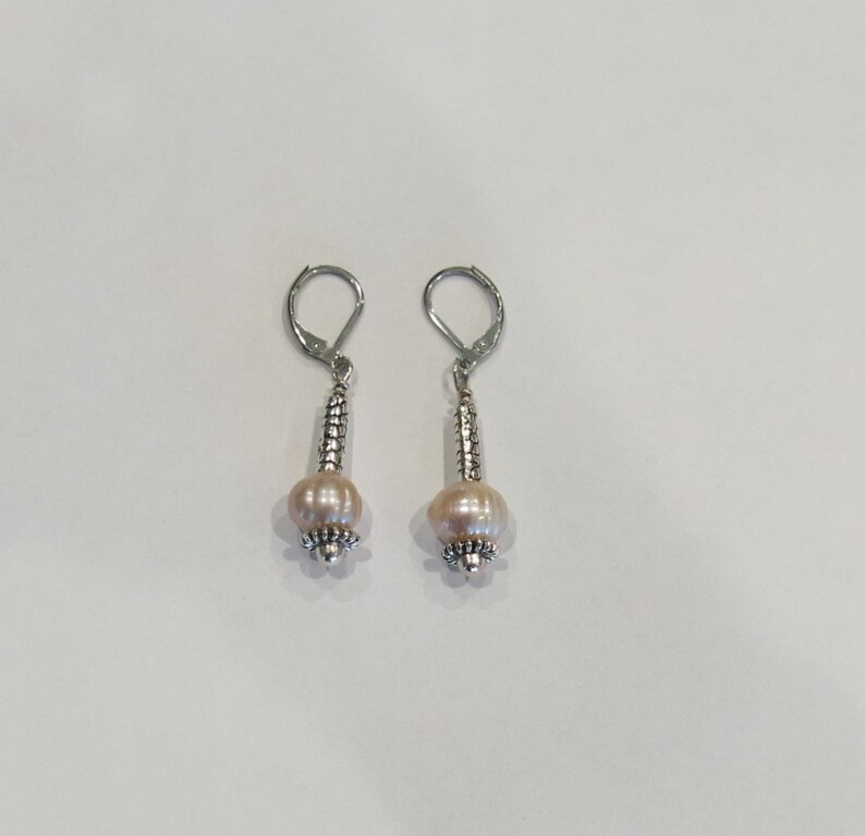 Pink pearl earrings Stainless steel lever backs Silver finish metal bead