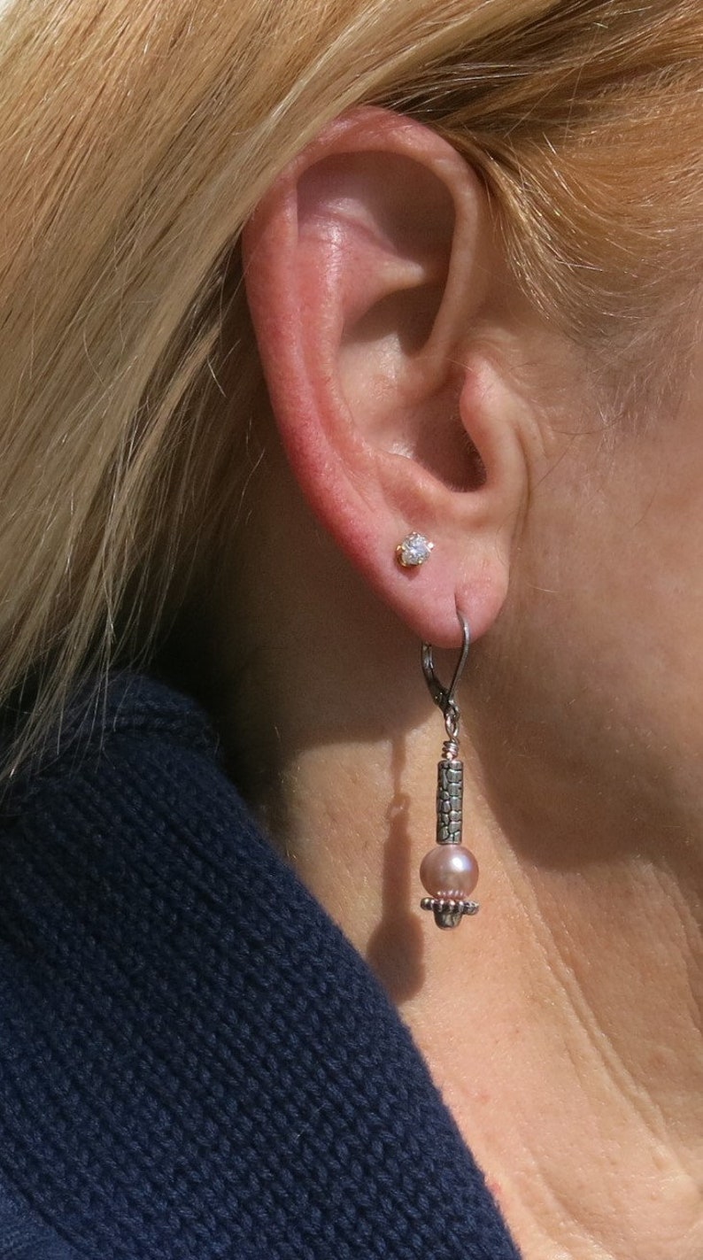 Pink pearl earrings Stainless steel lever backs Silver finish metal bead