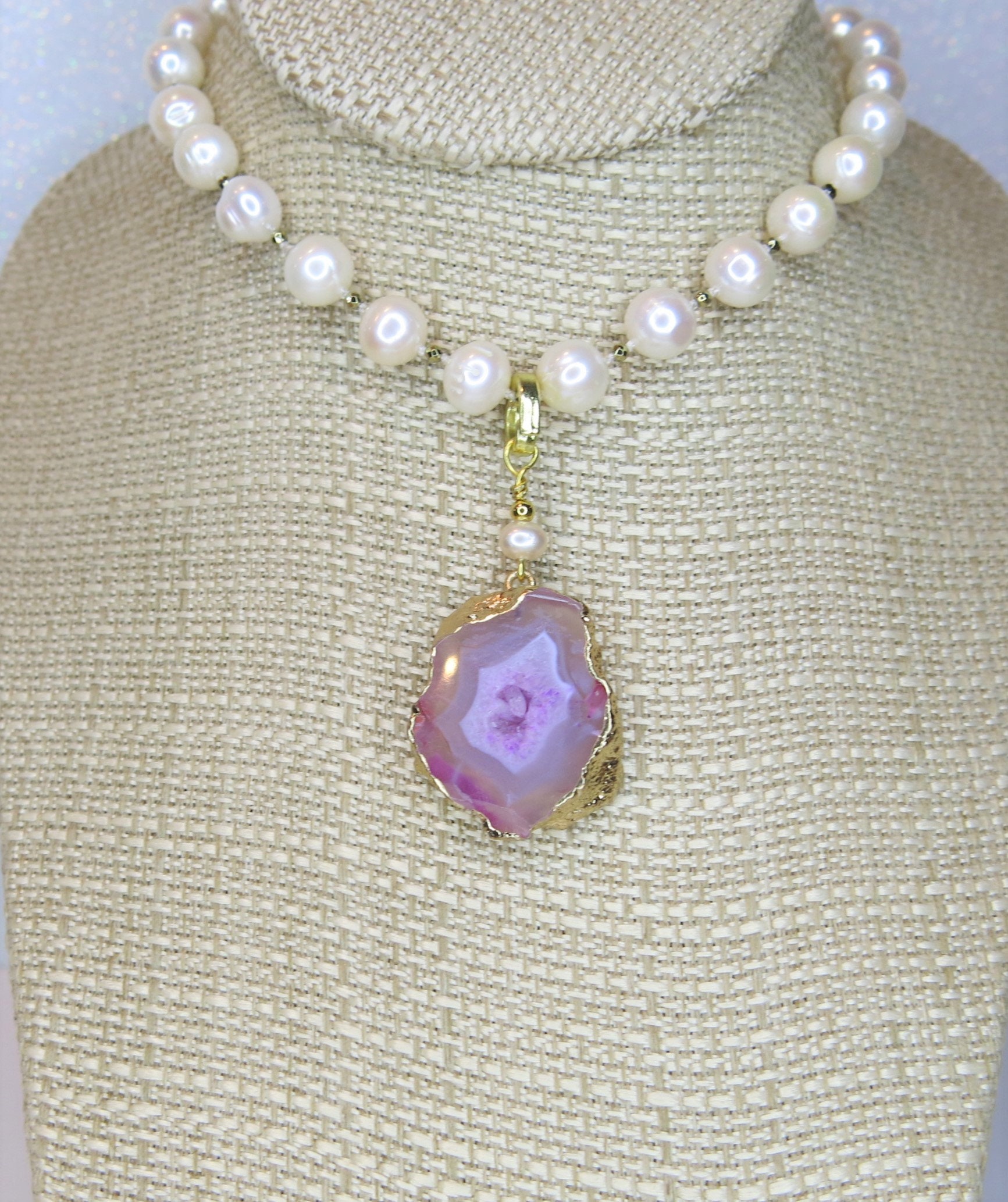 Pink Druzy Mineral Pearl Necklace 