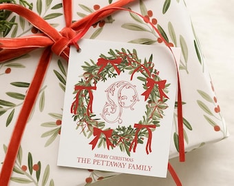 Custom Family Name Christmas Gift Tag Personalized Holiday Wrapping Family Gift Tag Monogram Watercolor Wreath Preppy Red Bow Christmas Tag