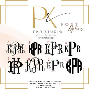 May include: A font options chart for PKR Studio Collection displaying eight distinct monogram styles labeled 1 through 8. Each style features the letters KPR in various black typography designs, including script, block, and circular formats.