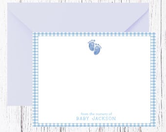 Baby boy shower thank you card Foot Prints Gingham From the Nursery of Notecard Personalized Baby Shower Stationery Baby Thank You Card