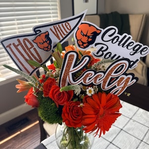 May include: A vibrant floral arrangement in a clear glass vase. The bouquet features red roses, orange gerbera daisies, and other colorful blooms. Decorative signs with the text "The Ville", "College Bound", and "Keely" are included.